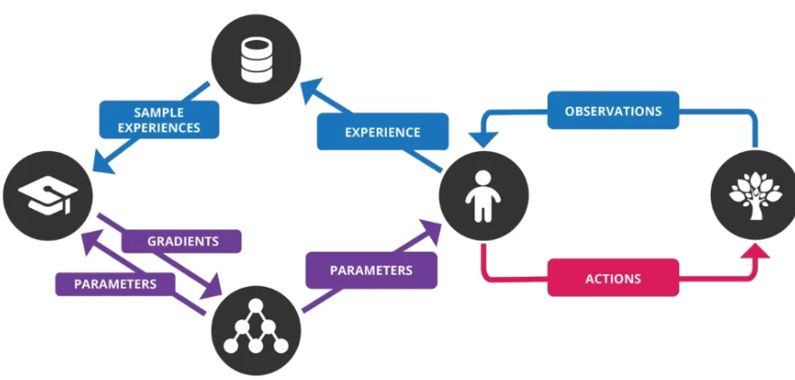 Deep Q-Learning loop: observations, actions, experience replay and parameter updates
