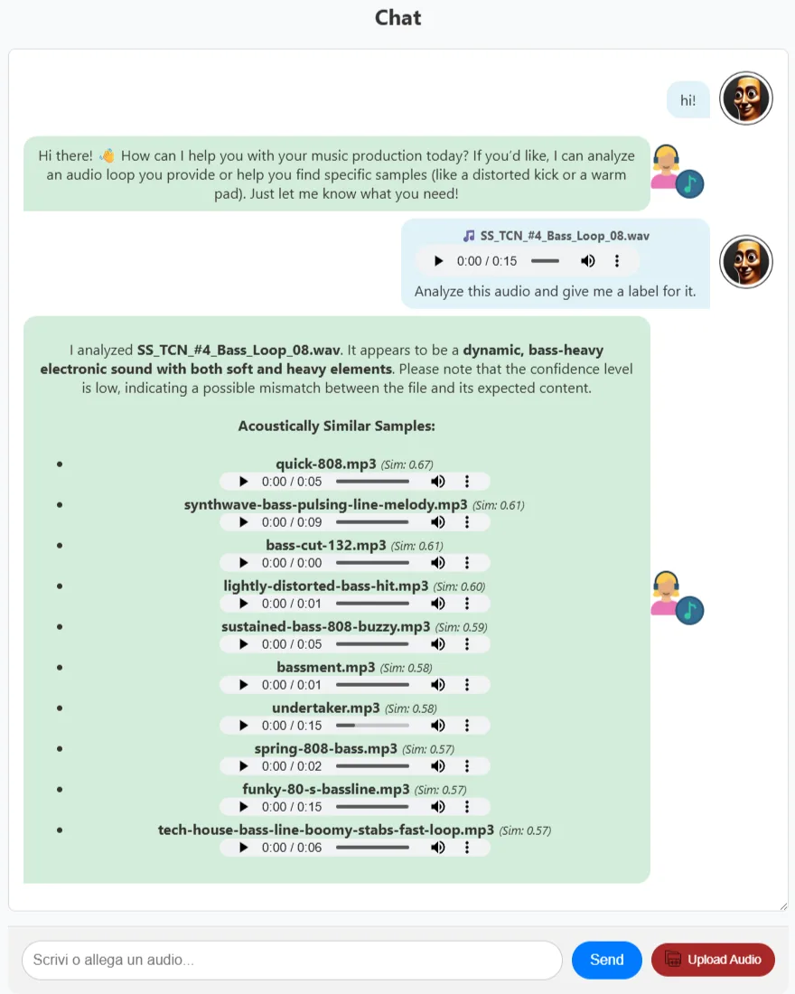 Chat interface answering a text query with matching audio samples